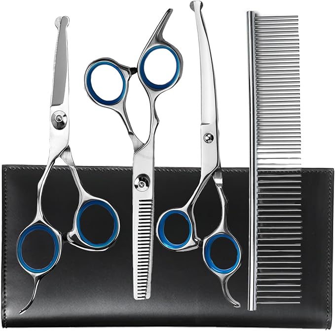 Dog Grooming Scissors Set, 5-in-1 Dog Shears for Grooming, 6 Inches Stainless Steel Professional Dog Grooming Scissors, Pet Grooming Scissor for Dogs with Safety Round Tips