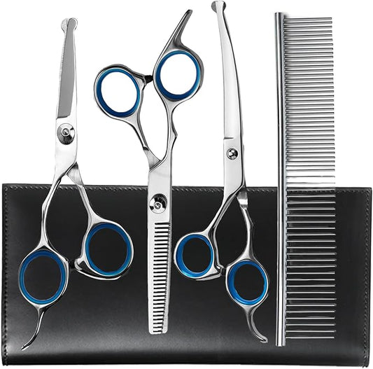 Dog Grooming Scissors Set, 5-in-1 Dog Shears for Grooming, 6 Inches Stainless Steel Professional Dog Grooming Scissors, Pet Grooming Scissor for Dogs with Safety Round Tips