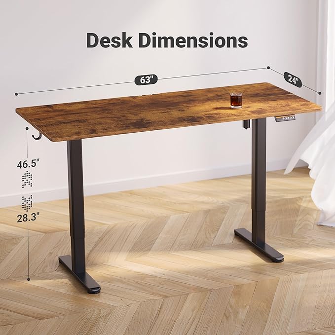 Claiks Electric Standing Desk, Adjustable Height Stand up Desk, 63x24 Inches Sit Stand Home Office Desk with Splice Board, Black Frame/Rustic Brown Top