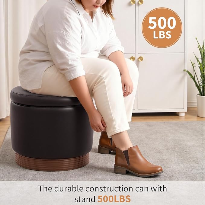 Round Ottoman with Storage,Swivel Vanity Stool-Leather Foot Rest,Upholstered Footstool Pouf with Sturdy Wooden Frame(500 Lb),Small Coffee Table & Hidden Storage Ottoman for Living Room