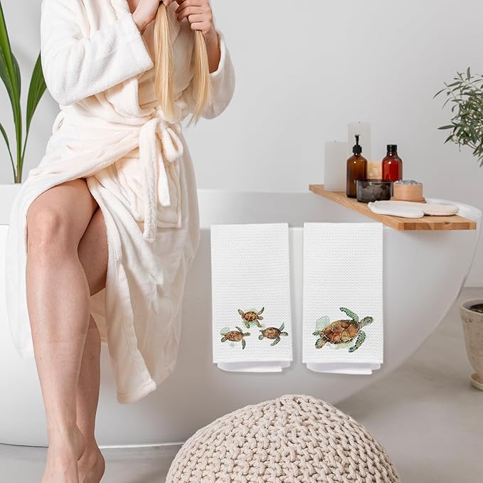 Sea Turtle Bathroom Hand Towels, Turtle Bathroom Decor, Coastal Beach Kitchen Towels, Nautical Coastal Dish Tea Towel for Kitchen, 16x24 Inch Set of 2