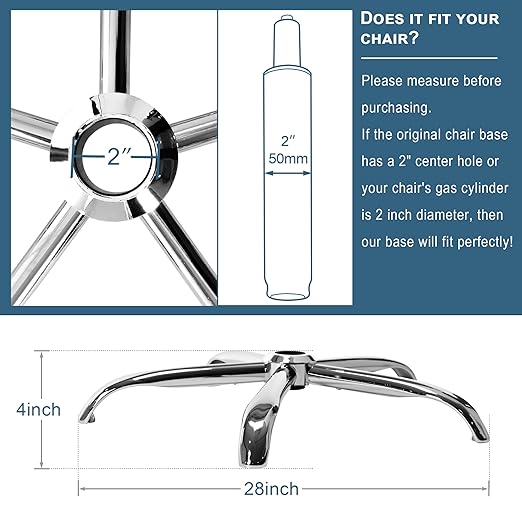 Frassie Office Chair Base Replacement with Wheels, Heavy Duty 2500LBS Metal Stool Chair Base, 28 inch Universal Desk Chair Base Replacement Part, Silver