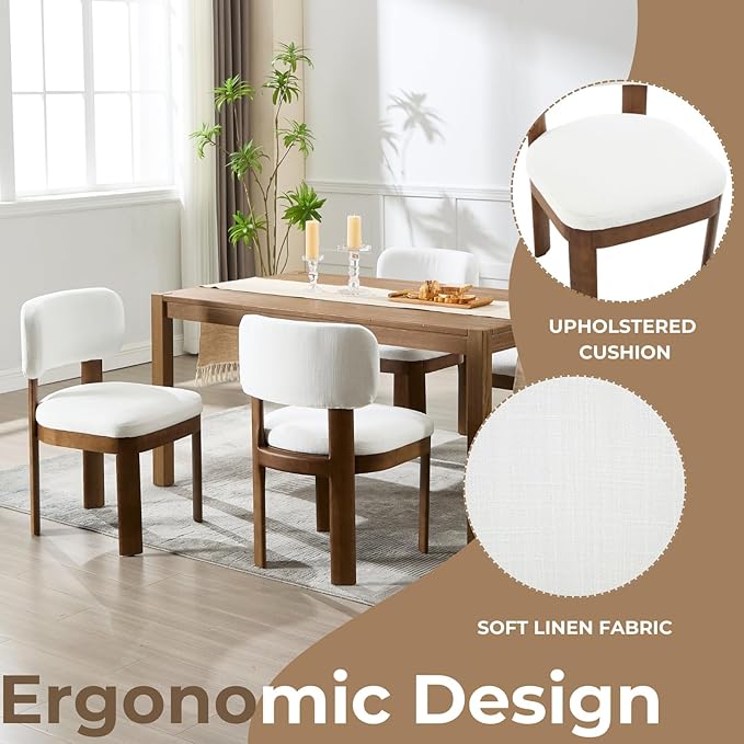 Beige Dining Chairs Set of 6 Mid Century Modern Upholstered Dining Room Chairs with Curved Backrest and Wooden Legs for Kitchen Island, Dining Room
