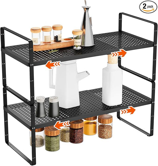 2Pack 16.5-27’’L Expandable Stackable Cabinet Shelves, Adjustable Spice Rack Cabinet Shelf Organizer for Kitchen, Countertop, Pantry and Cupboard, Black