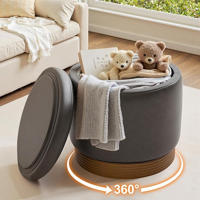 Round Ottoman with Storage,Swivel Vanity Stool-Leather Foot Rest,Upholstered Footstool Pouf with Sturdy Wooden Frame(500 Lb),Small Coffee Table & Hidden Storage Ottoman for Living Room