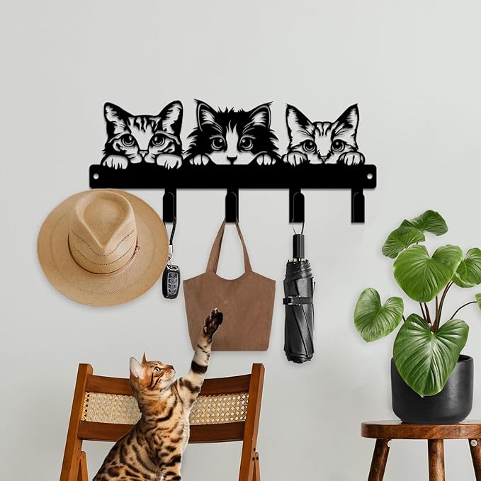 magilab Cat-Themed 10-Inch Iron Key Hooks with 5 Hooks, Black Wall Organizer - Cute Cat Design for Home Decor, No Drill & Screw-in Options (Style A)