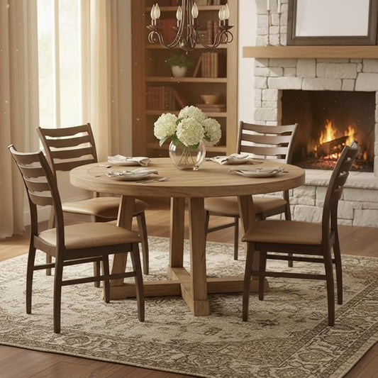 DUOMAY Farmhouse Dining Chairs Set of 4, PU Brown Upholstered Side Chairs Solid Wood Ladder Back Kitchen Chairs for Home Dining Room, Walnut Frame