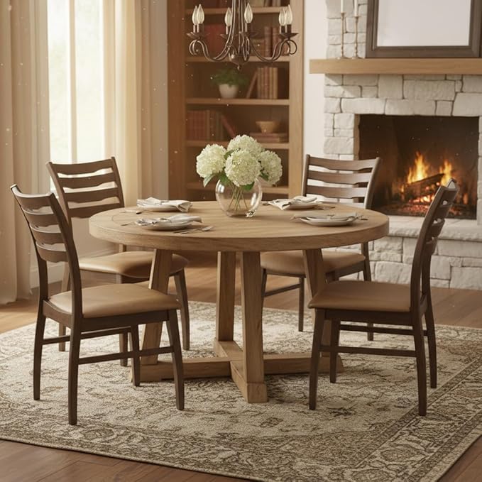 DUOMAY Farmhouse Dining Chairs Set of 6, PU Brown Upholstered Side Chairs Solid Wood Ladder Back Kitchen Chairs for Home Dining Room, Walnut Frame