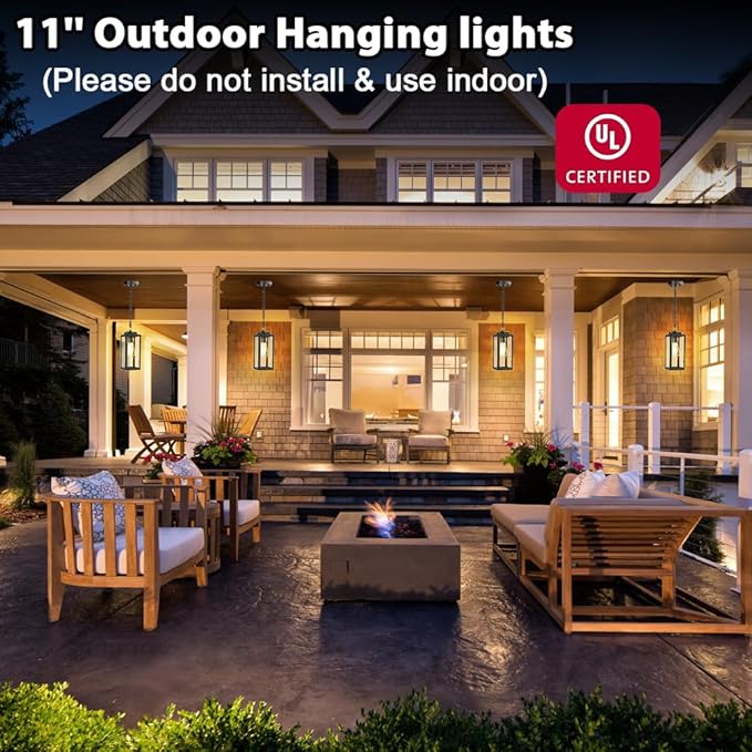 Outdoor Pendant Light, 11" Porch lights Outdoor Chandelier Hanging Ceiling Lights, Black Aluminum Lightshade with Tempered Glass, Exterior Lighting Fixture for Porch Yard Gazebo, 1 Pack, No Sensor