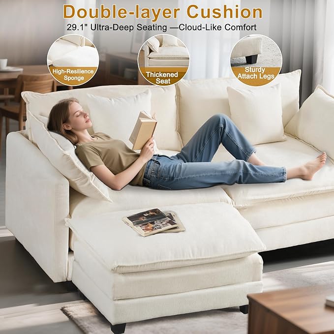 77" Cloud Chenille L-Shaped Sofa with Ottoman | Space-Saving Apartment Couch with 29.1" Deep Seat & Footrest | FSC Certified Solid Wood & Metal Frame | Easy Assembly & 1YR Guarantee