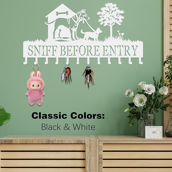 Custom Dog-Themed Key Hook Wall Decor,Personalized Engraved Metal Key Holder of Outdoor Doghouse&Daddy Dog and Puppy on Grass Design,Functional Key Hanger Wall Mount for Hallway