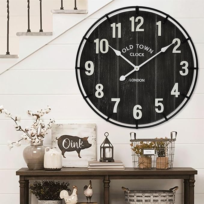 Large Old Town Farmhouse Black Wall Clock 24 Inch Rustic Antique Wood with Metal Circle and Large Numerals Silent Battery Operated Wall Clock for Office Kitchen Bedroom Living Room
