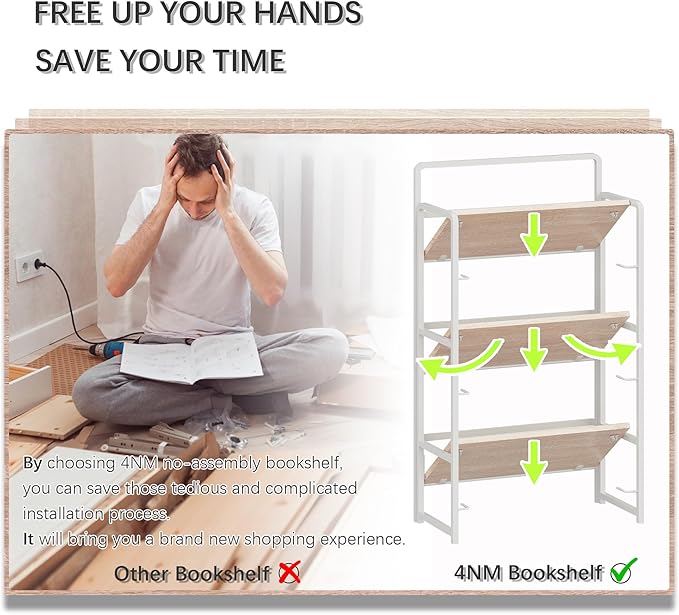 4NM No Assembly Folding Bookshelf, 3-Shelf 42.1" H Collapsible Foldable Bookcase Storage for Small Spaces, Natural White