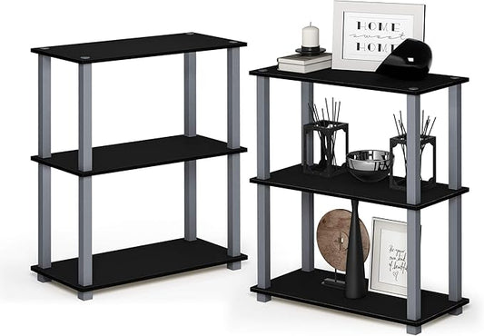 Furinno TURN-S-TUBE Storage Shelves Set of 2, 3-Tier Book Shelf, Corner Shelf, Toolless Open Shelves, Square Tubes, for Organization and Storage, Living Room, Garage, Home Office, Black