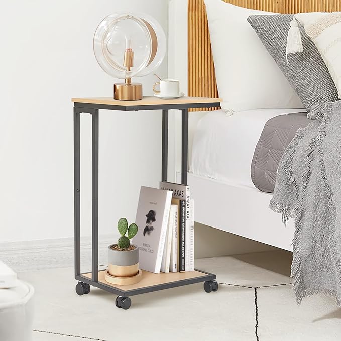 C-Shaped End Table for Couch, Slide Under Sofa Snack Table, Small TV Tray, C Table with Wheels, Laptop Desk for Living Room, Bedroom, Small Spaces,White Maple