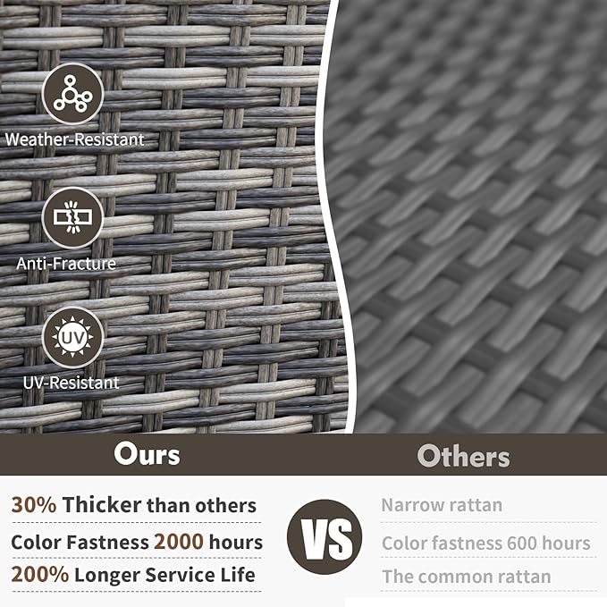 MEISSALIVVE 7 Pieces Patio Furniture Sets,PE Wicker Outdoor Conversation Sets with 2 Wood Armrests Swivel Rocker Chairs, 2 Ottoman, 3-seat Sofa and Coffee Table(Grey)