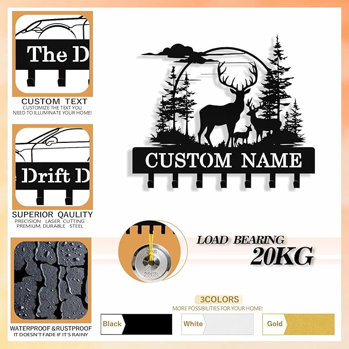Personalized Key Holder Wall Mount, Custom Deer Metal Keys Holder for Wall with Name, Wall Key Hanger Rack with Hooks for Entryway, Front Door, Living Room, Kitchen, Bathroom, Garden