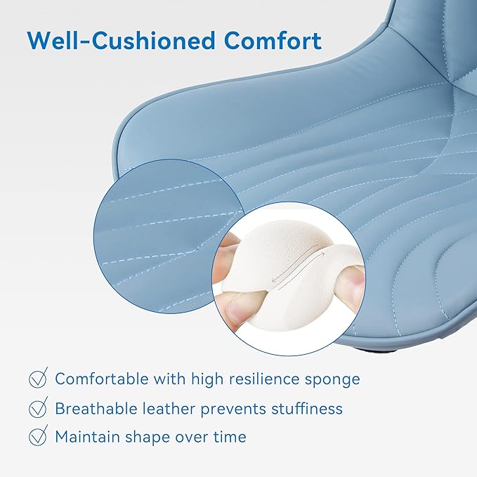 YOUNIKE Office Chair, Adjustable Swivel Armless Desk Chair with Wheels, Aesthetic Home Office Computer Task Chairs, Modern Faux Leather Upholstered Vanity Chair with Back, Blue