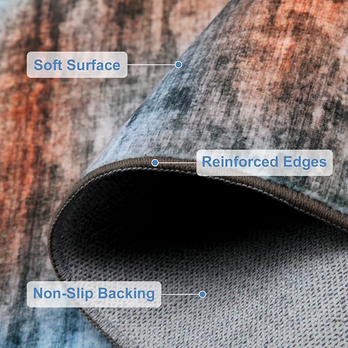 WILLSUN Washable Area Rugs, 3x5 Non-Slip Boho Large Area Rugs for Living Room, Bedroom, Machine Washable Vintage Rug, Indoor Floral Print Carpet for Home Decor, Kid & Pet Friendly Mat