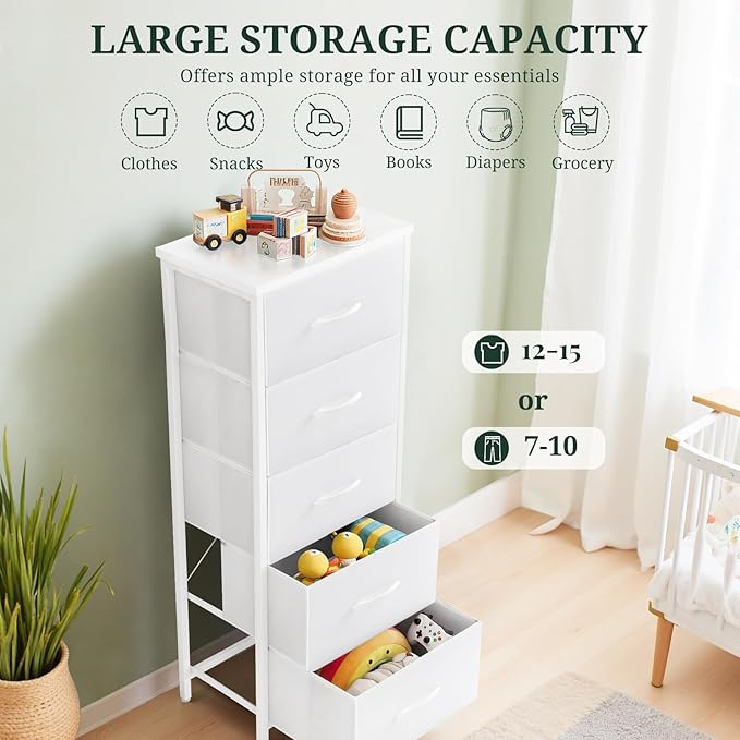 Nightstand, 5 Drawer Dresser End Table Bedside Furniture with Wooden Top Steel Frame Fabric Bins for Bedroom, Closet, Entryway, Dorm, Living Room, White