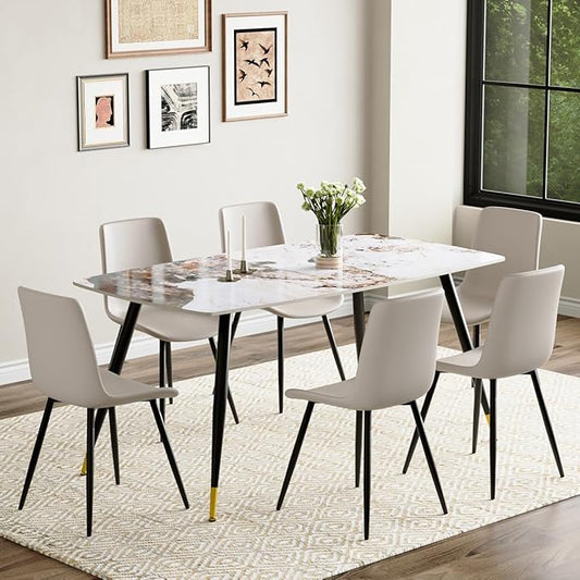 7 Piece Modern Dining Set, 62'' Sintered Stone Dinner Table for 6, Easy to Assemble