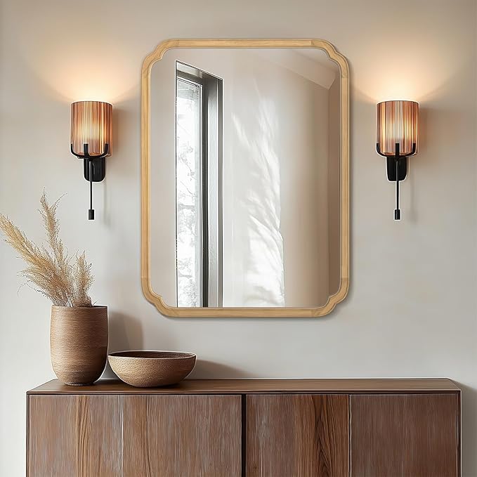 WallBeyond 30" x 40" Rounded Corner Arch Wall Mirror with Wood Frame for Entryway, Living Room or Bedroom Home Decor - Light Woodgrain [30 x 40 inches, Natural Color]