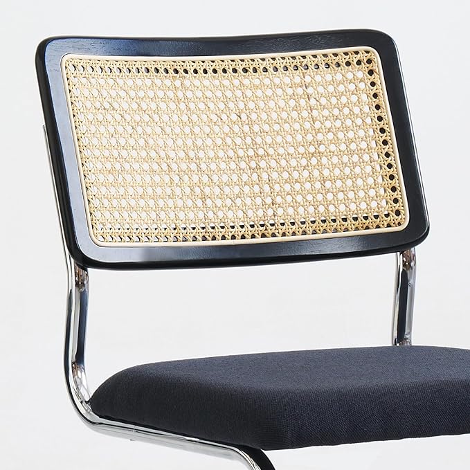 Black Chrome Rattan Dining Chairs Set of 2, Wooden Mid-Century Modern Kitchen Chairs, Mesh Back Cane Dining Room Chairs, Cesca Design Chair with Metal Chrome Legs