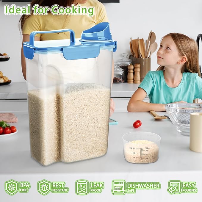 Rice Storage Container, 5 to 10lb Dry Food Airtight Dispenser, Pet Dog Cat Food Canister, BPA Free Clear Plastic Kitchen and Pantry Bin for Oatmeal, Cereal, Pasta, Flour Pack of 2 Blue