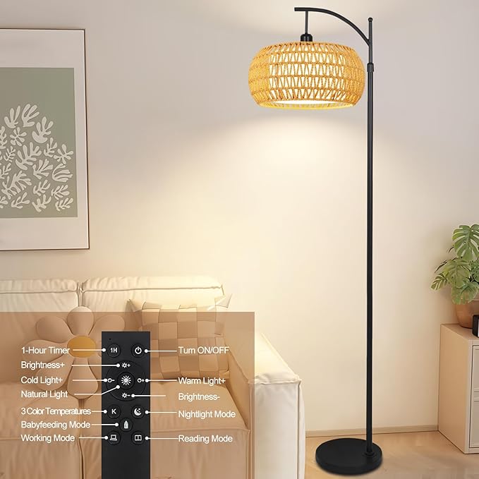 Arc Floor Lamps for Living Room Rattan Boho Floor Lamp with Remote Control,Dimmable LED Floor Lamps Black Standing Lamp with 3 Color Temperature Tall Floor Lamp for Bedroom Corner