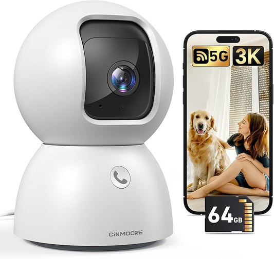 Indoor Camera, 3K Security Camera with 64GB Card, Dog/Cat/Pet Camera, 5G 2.4G Wi-Fi, Human/Pet/Facial AI Detection, 360 Pan Tilt Auto Tracking, 5MP Night Vision, Privacy Mode, Two-Way Audio