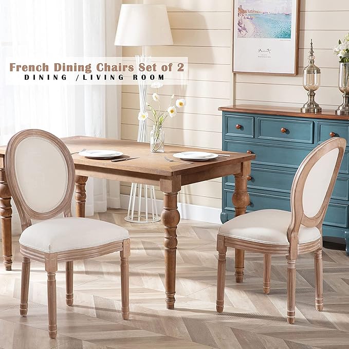 Nrizc French Dining Chairs Set of 6, French Country Dining Chair, Vintage Farmhouse Dining Chairs with Round Back, Solid Wood Beige Fabric Dining Room Chairs, for Kitchen, Bedroom, Dining Room