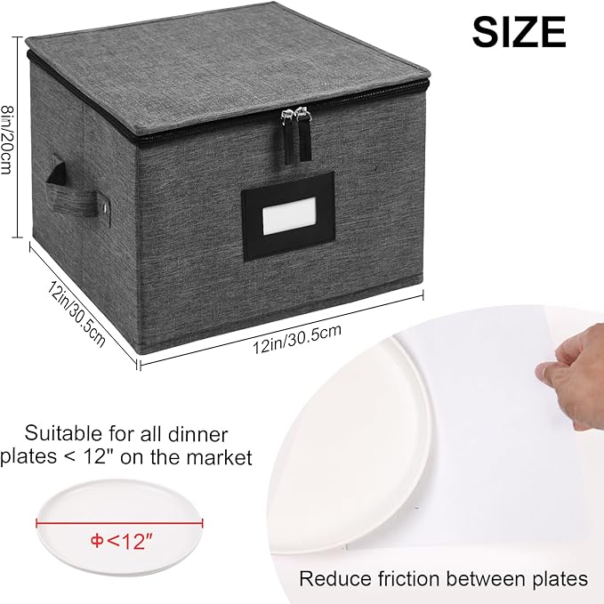 Mayniu China Storage Containers Hard Shell, 12" Plate Storage Containers for Dishes, Stackable Dinnerware Storage with 48 Felt Dividers (4 Pack Black)