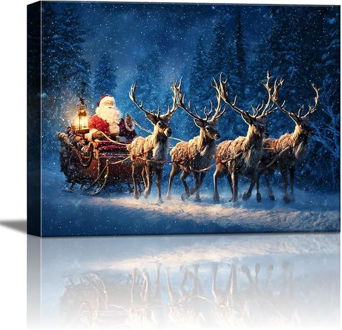 Vintage Santa's Sleigh Christmas Canvas Wall Art - Festive Winter Journey Framed Print for Bedroom Decor, Rustic Christmas Wall Art with Wood Frame, Ideal Christmas Gifts & Cozy Holiday Decorations