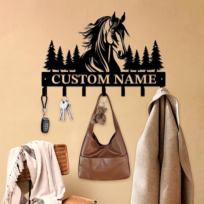 Personalized Custom Name Farm Horse Wall Key Hooks,Metal Horse Art Clothes Hooks,Metal Horse Wall Home Storage Decorative,For Front Door, Hallway, Kitchen, Bedroom,Keys,Hats (Style B)