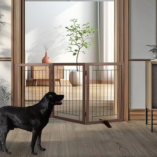 ZJSF Freestanding Dog Gate Indoor, Foldable Dog Fence for Doorways,Hallways or Stairs, Sturdy Wood Extra Wide Pet Gate with Support Feet,Brown,32 "Height-3 Panels