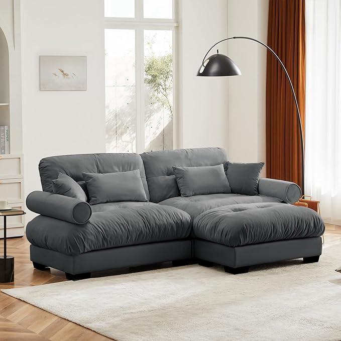 93.7” Oversized Grey Velvet Loveseat Sofa, Deep Seat 2-Seater Modular Sectional Couches for Living Room with 1 Ottoman, Cloud Home Sofas Set, Love Seat Couches