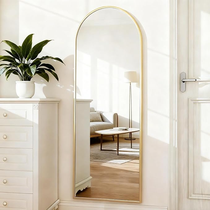 MISSDAY 64"x21" Arched Full Length Mirror, Gold Full Body Mirror with Stand, Floor Mirror Long Free Standing, Leaning or Hanging, Aluminum Thin Frame Wall-Mounted Mirrors Wall Mirrors for Bedroom