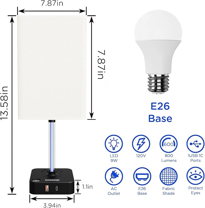 COZOO 3 Way Dimmable Touch Bedside Table Lamp with 2 USB Charging Ports 2 Outlets Power Strip,Black Charger Base White Fabric Shade,LED Desk Night Light for Bedroom/Nightstand/Living Room/College Dorm