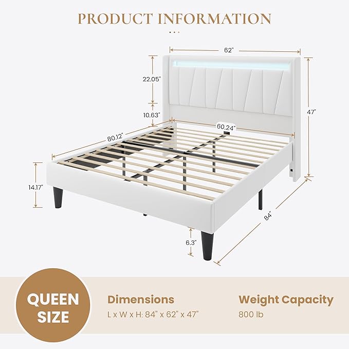 SHA CERLIN Queen Bed Frame with Charging Station and LED Lights, Modern Velvet Platform Bed with Upholstered Geometric Wingback Headboard, No Box Spring Needed, Easy Assembly, White
