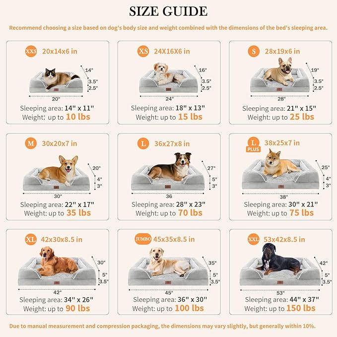 Comfort Expression Large Dog Beds Orthopedic Foam, Waterproof Dog Beds for Dogs Sofa Comfy Pet Bed with Washable Removable Cover & Non-Slip Bottom(Large,Grey White)