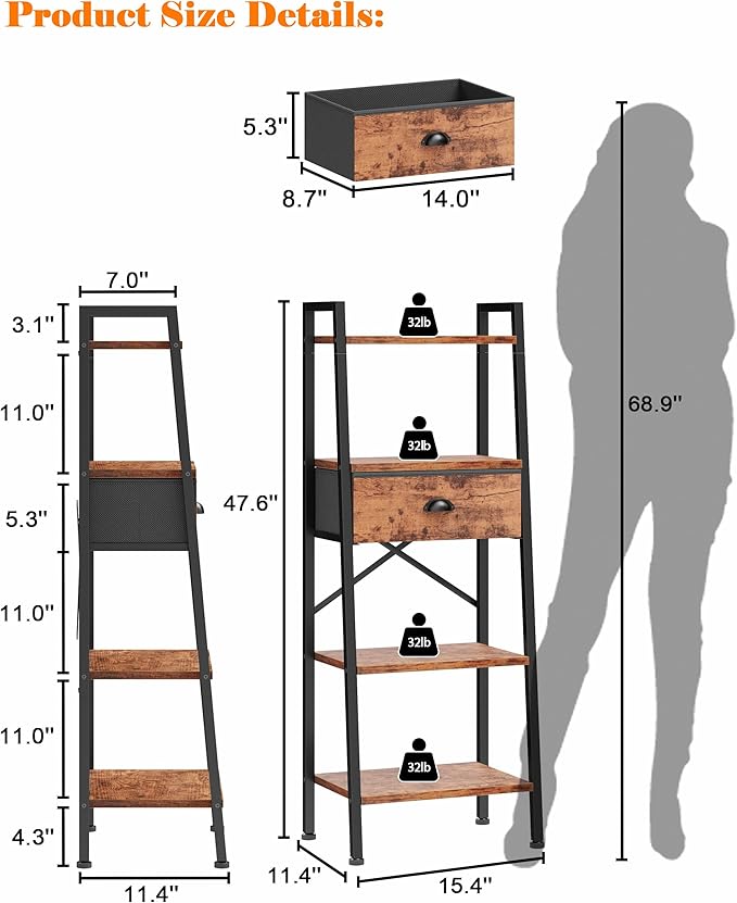Furologee 4 Tier Ladder Shelf, Narrow Ladder Bookshelf with Drawer, Modern Freestanding Bookcase, Storage Shelves Organizer for Bathroom,Kitchen,Bedroom,Living Room,Rustic Brown