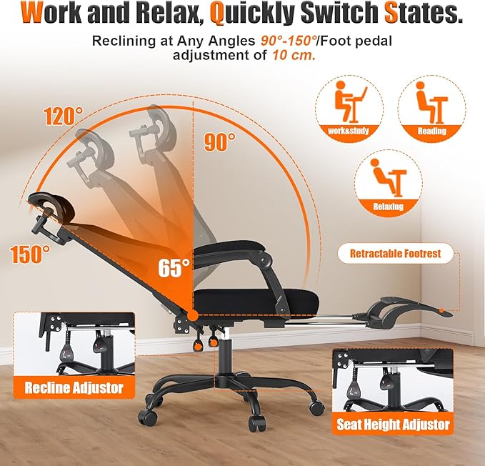 Ergonomic Office Chair with Footrest, High Back Swivel Mesh Desk Chair, Big and Tall Rolling Computer Chair with Headrest, Lumbar Support, 3-Level Tilt Backrest for Home, Bedroom, Work