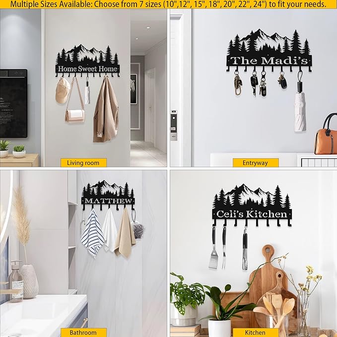 Custom Metal Key Rack Hooks, Personalized Key Holder for Wall, Forest, Mountain Theme Wall Decoration Hooks, Key Hanger Organizer for Living Room, Entryway, Bathroom, Kitchen Decor