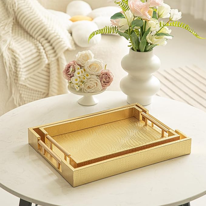 2 Piece Woven Leather Ottoman Tray with Gold Handles, Perfect Rectangular Serving Tray for Living Room, Coffee Table Home Decor Enthusiasts (Golden)