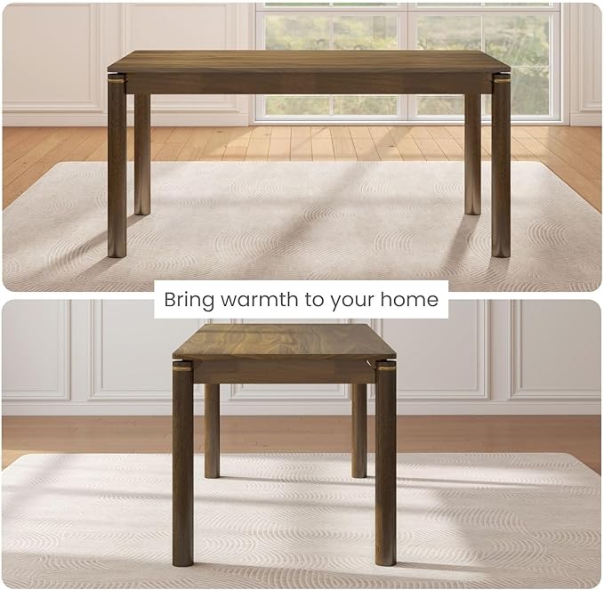 63" Dining Table for 4-6 People, Modern Farmhouse Rectangular Kitchen Table with Solid Wood Legs & Gold Trim, Large Long Dining Room Table for Living Room, Walnut