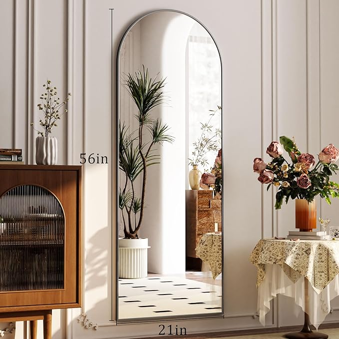Full Length Mirror 56"x21" - Arched Floor Standing Body Mirror with Aluminum Frame,Leaning Hanging for Bedroom Cloakroom Living Room Black