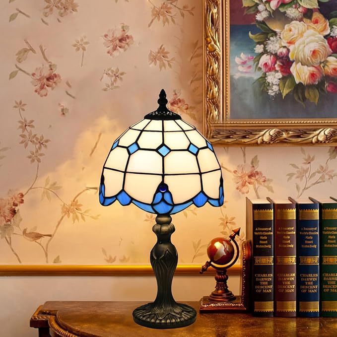 Tiffany Table Lamp, Tiffany Style Stained Glass Lamp, 8 Inch Small Antique Bedside Lamp, for Nightstand Bedroom Living Room Home Office, Blue, Include LED Bulb