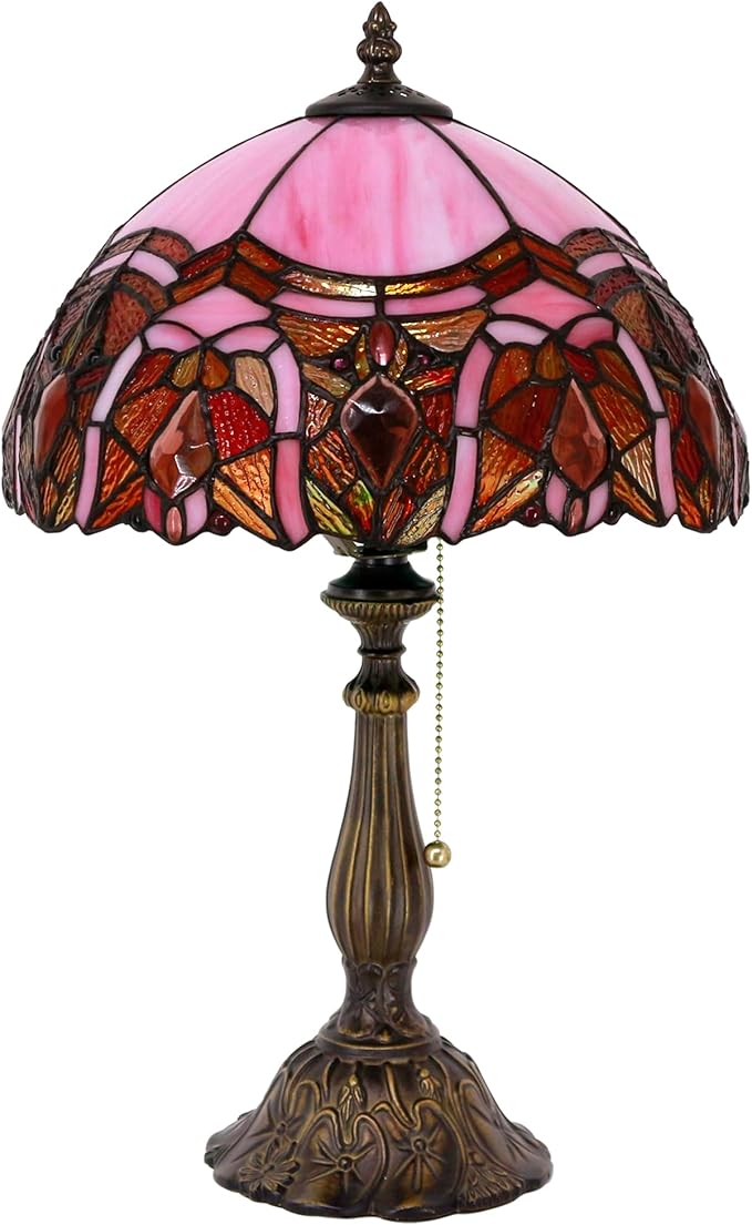 Tiffany Table Lamp Stained Glass Lamp 12X12X19 Inch Antique Reading Light (Pink Jewelry)
