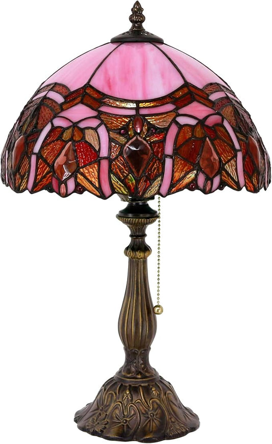 Tiffany Table Lamp Stained Glass Lamp 12X12X19 Inch Antique Reading Light (Pink Jewelry)