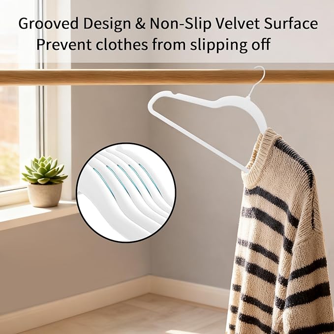 ManGotree White Velvet Coat Hangers with 360° Swivel White Hook, Non-Slip Felt Suit Hangers, Slim Space Saving Clothes Hanger for Jacket, Sweater, Shirt, Dress, Pants (22 Pack)